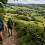 Avontuur in Zuid-Limburg met wandelaars op een heuvelachtige route door het Limburgse landschap