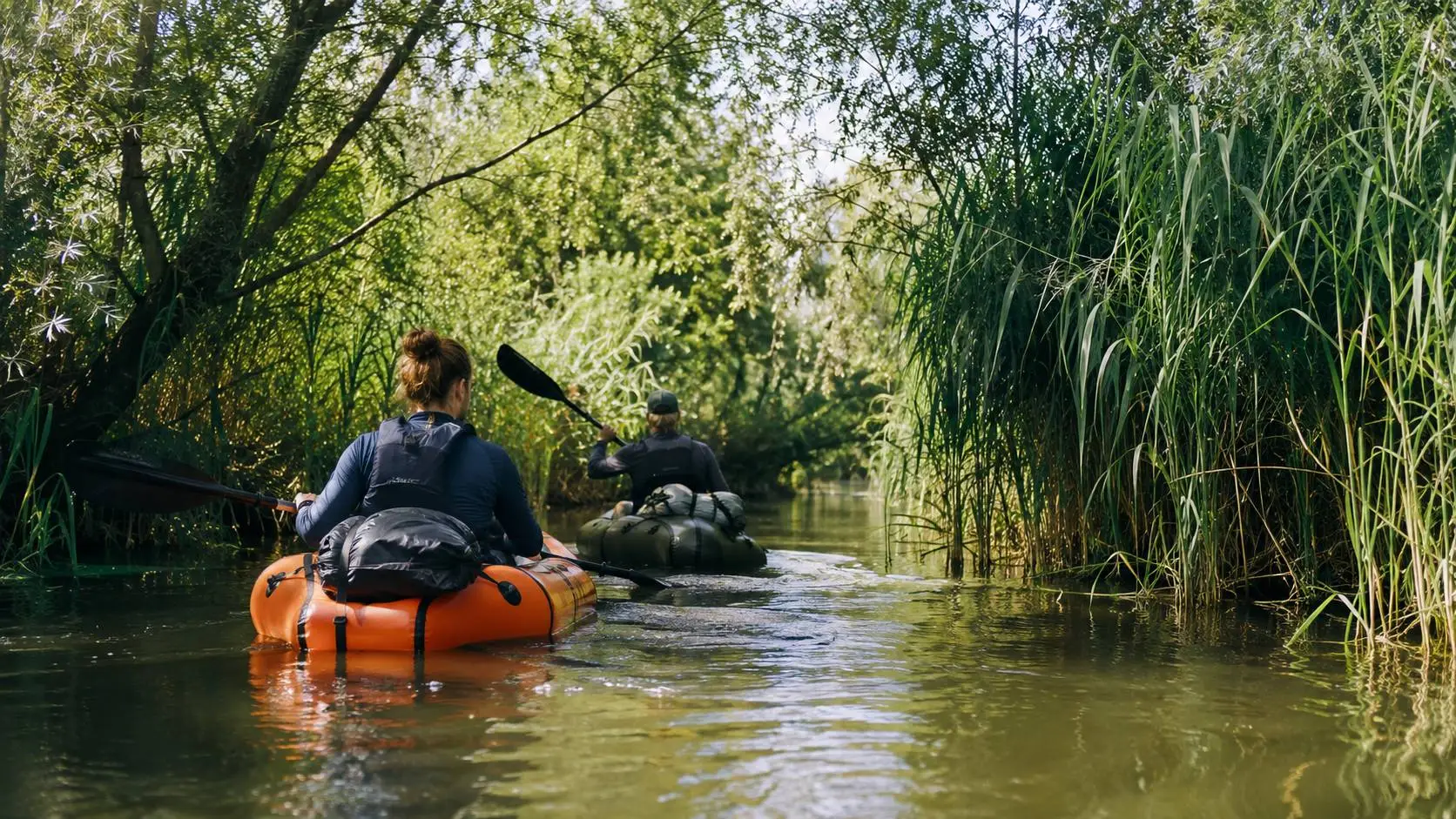 Avontuur in de Biesbosch met twee packrafters die door een rustige kreek peddelen