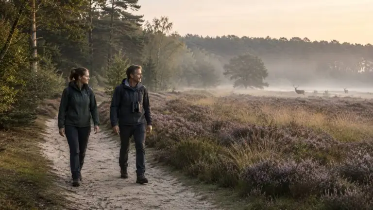 Avontuur op de Veluwe met wandelaars tussen heide en bos en edelherten in de verte
