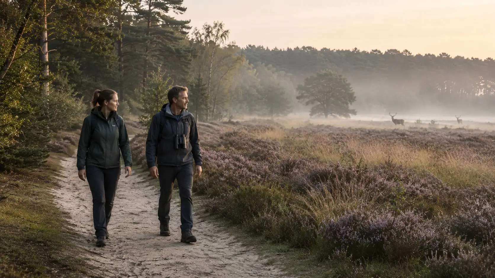 Avontuur op de Veluwe met wandelaars tussen heide en bos en edelherten in de verte