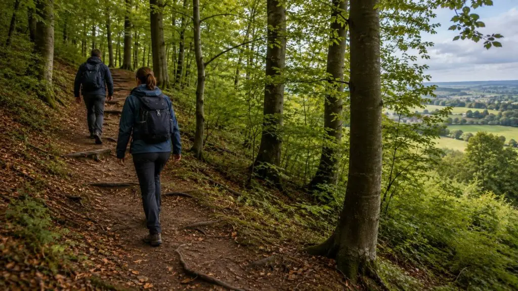 Avontuur in Zuid-Limburg met wandelaars die via een bospad de Vaalserberg beklimmen