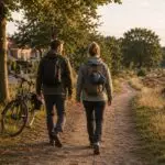 Micro-avontuur in Nederland met twee wandelaars die dicht bij huis aan een kort buitenavontuur beginnen