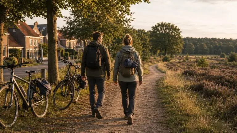 Micro-avontuur in Nederland met twee wandelaars die dicht bij huis aan een kort buitenavontuur beginnen