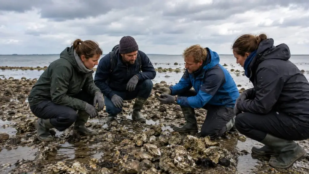 Avontuur in Zeeland met deelnemers die onder begeleiding oesters rapen bij laagwater