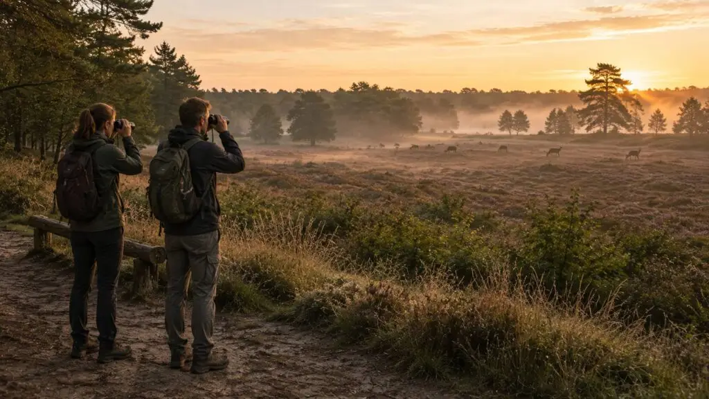 Avontuur op de Veluwe met bezoekers die op afstand edelherten observeren met een verrekijker